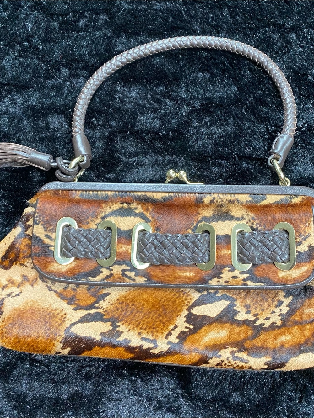 Adrienne Vittadini Animal Print Hair-On Hide Look Handbag Brown Tassel Purse